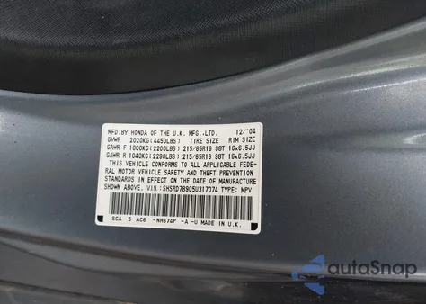 2005 Honda Cr-V Se z USA, uszkodzony, nr VIN SHSRD78905U317074